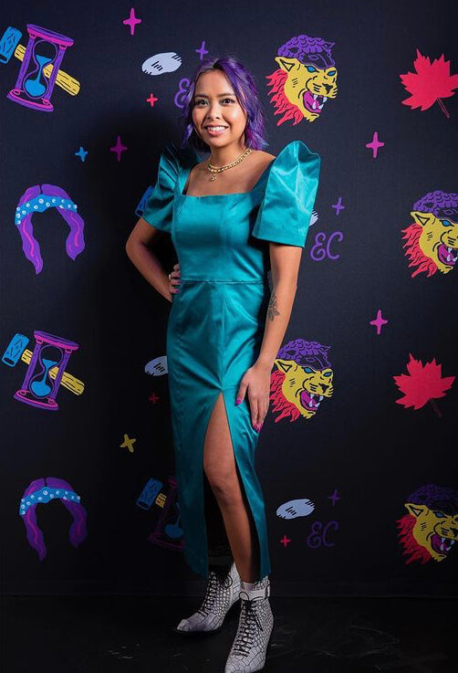 Survivor Winner Erika Cas in VINTA Gallery Custom Terno Dress