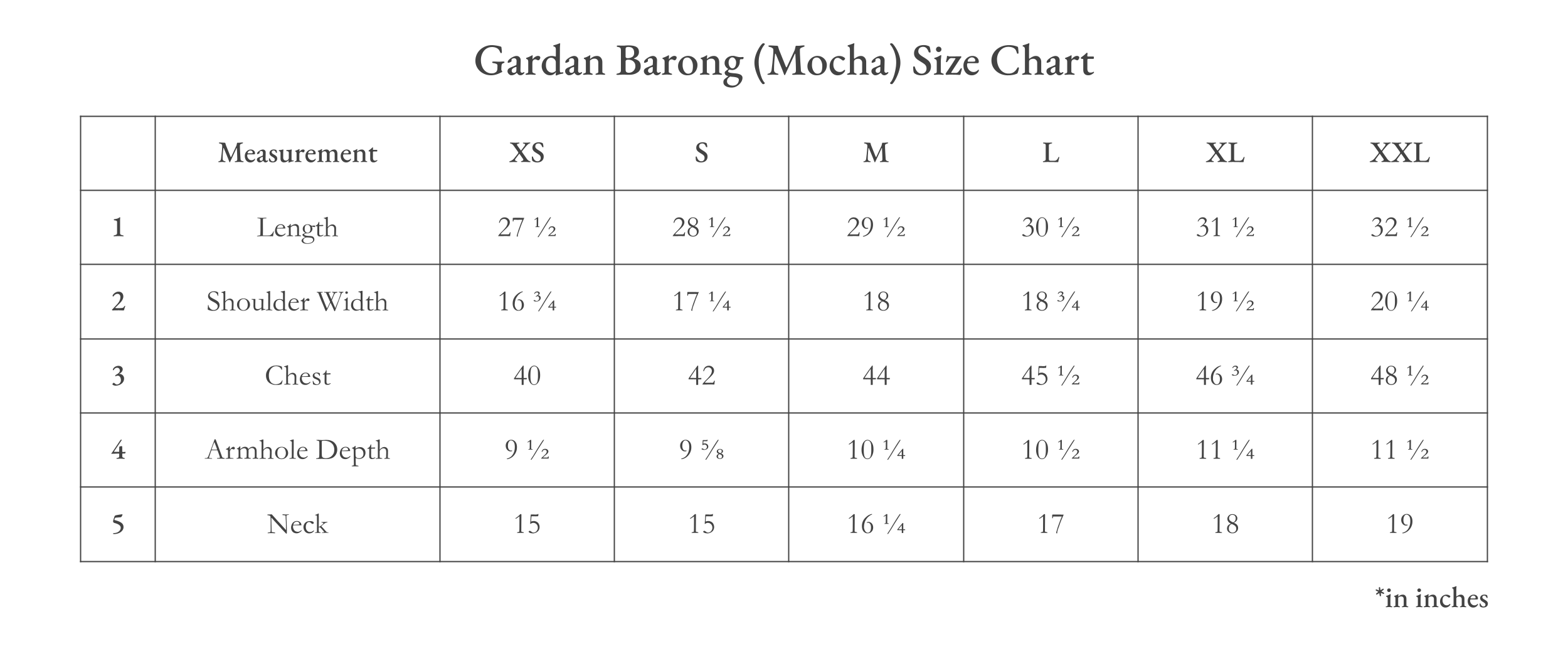 Vinta Gardan Barong (Mocha) Size Chart