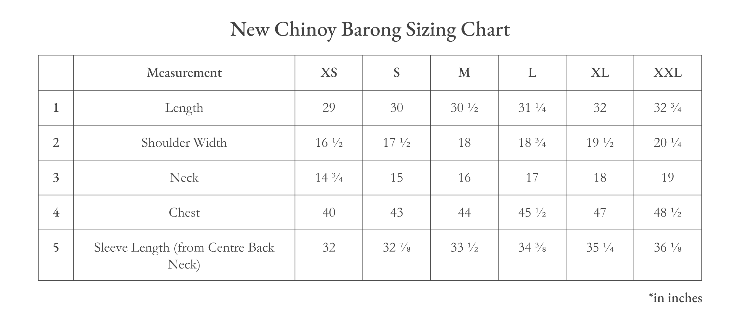 Vinta New Chinoy Barong (Tayabak) Size Chart