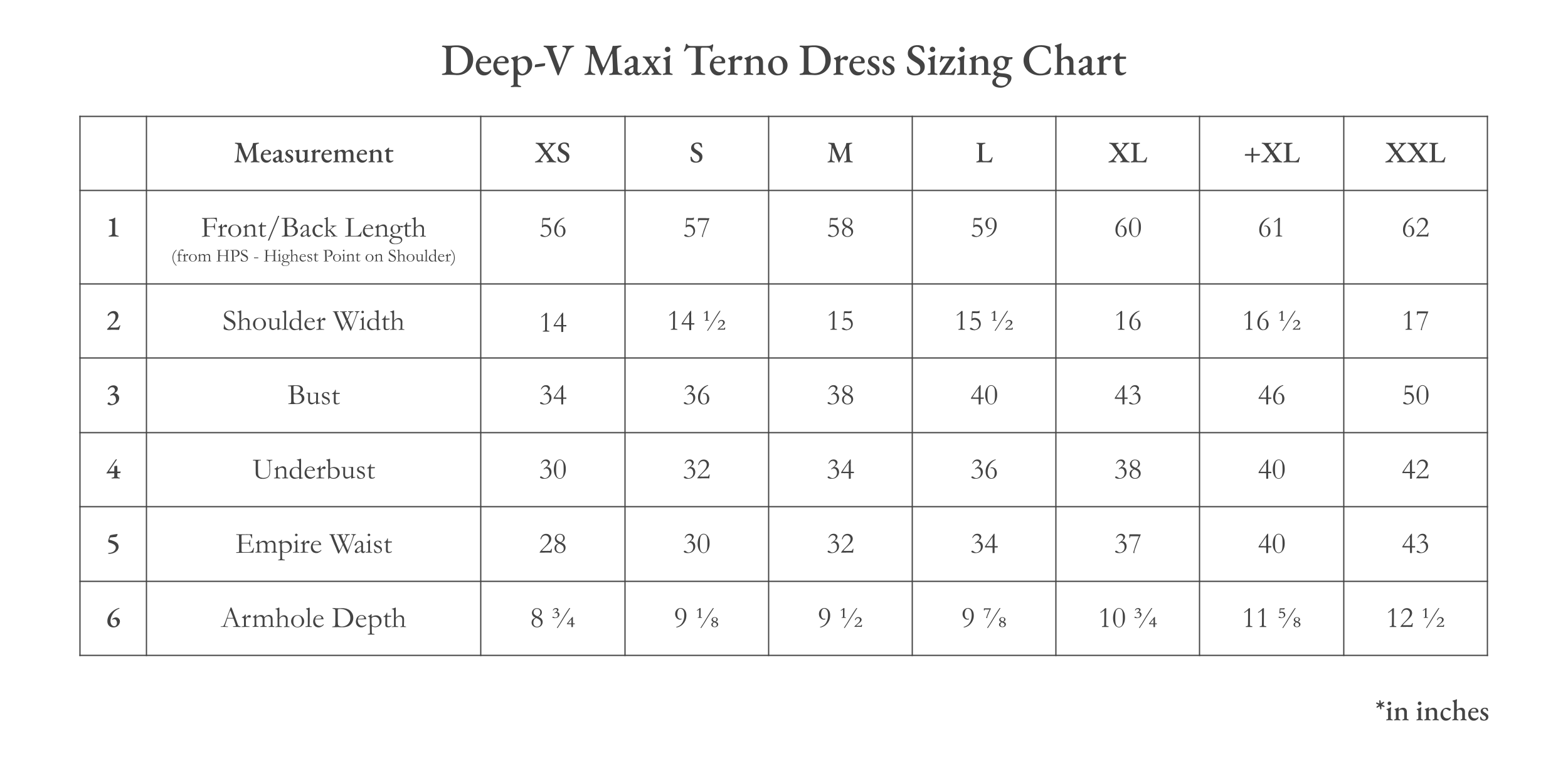 Vinta Deep-V Maxi Terno Dress (Ivory with Lace Overlay on Sleeves) Size Chart