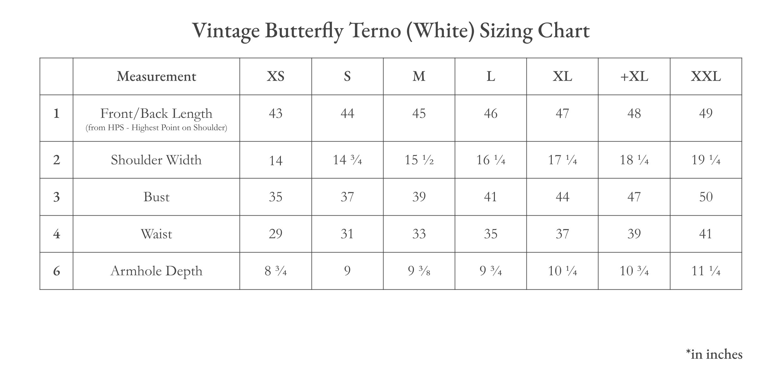 Vinta Vintage Butterfly Terno (White) Size Chart