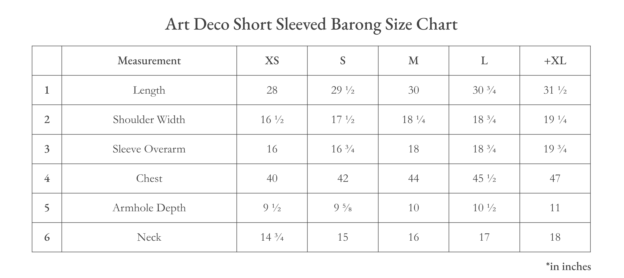 Vinta Unisex Art Deco Short Sleeved Barong (Narra Blossom) Size Chart