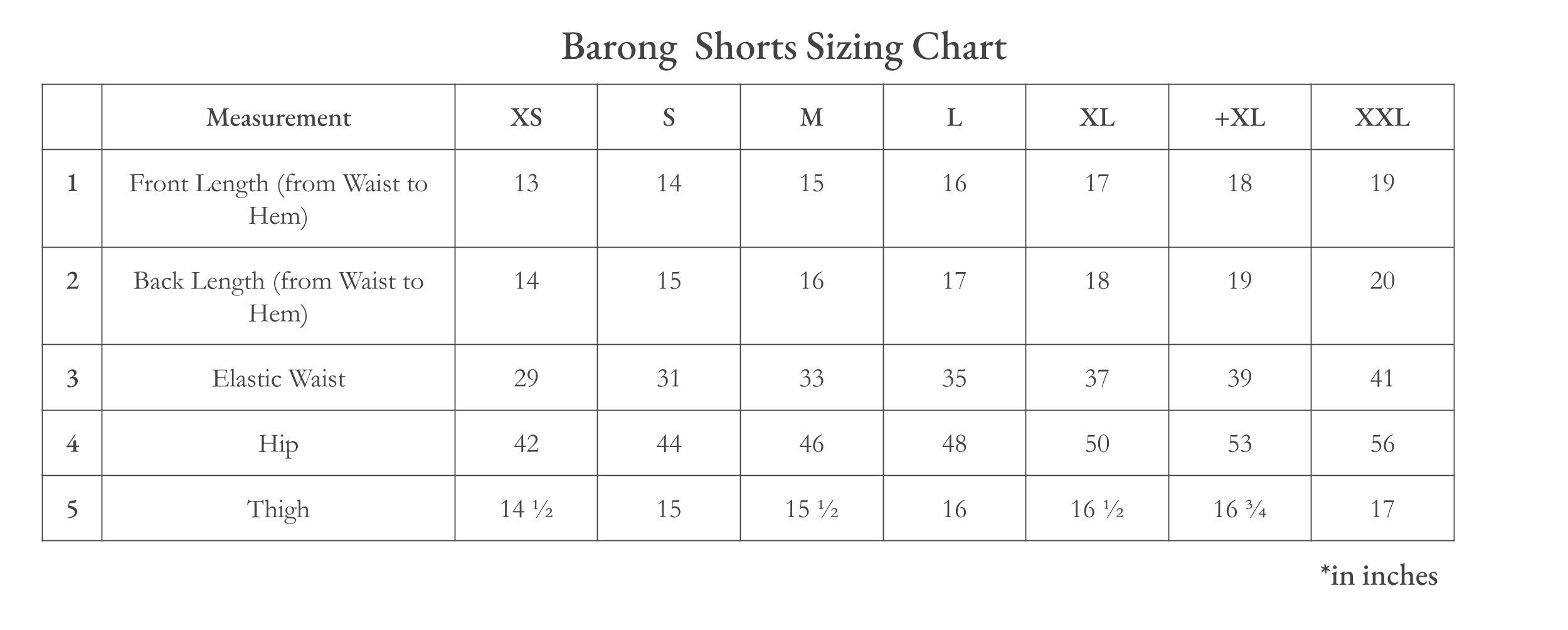 Vinta Unisex Barong Shorts Size Chart