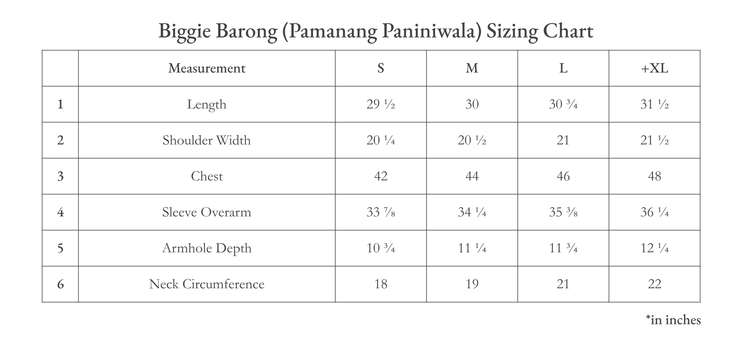 Vinta Unisex Biggie Barong: Pamanang Paniniwala (Natural) Size Chart