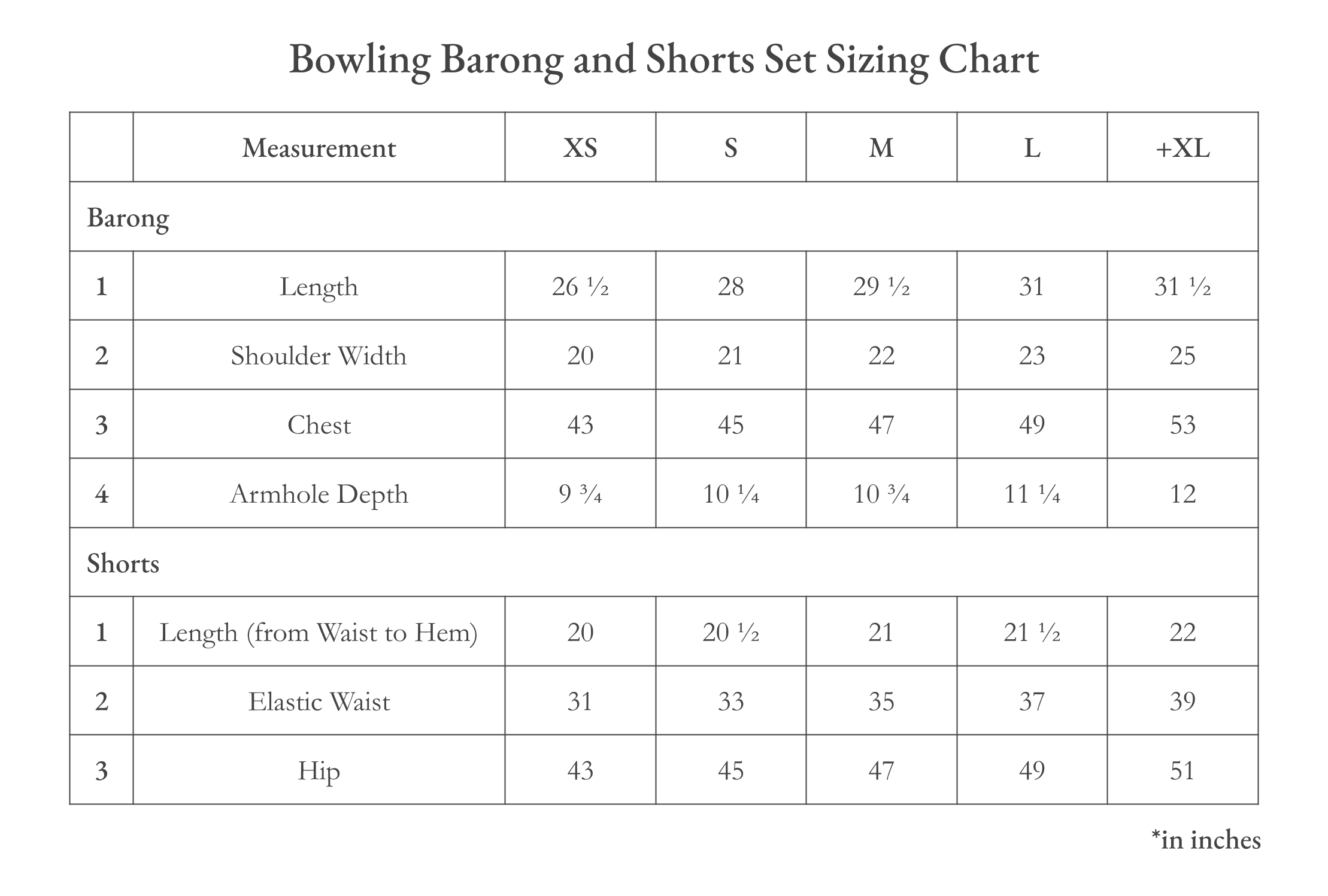 Vinta Unisex Bowling Barong and Shorts Set Size Chart