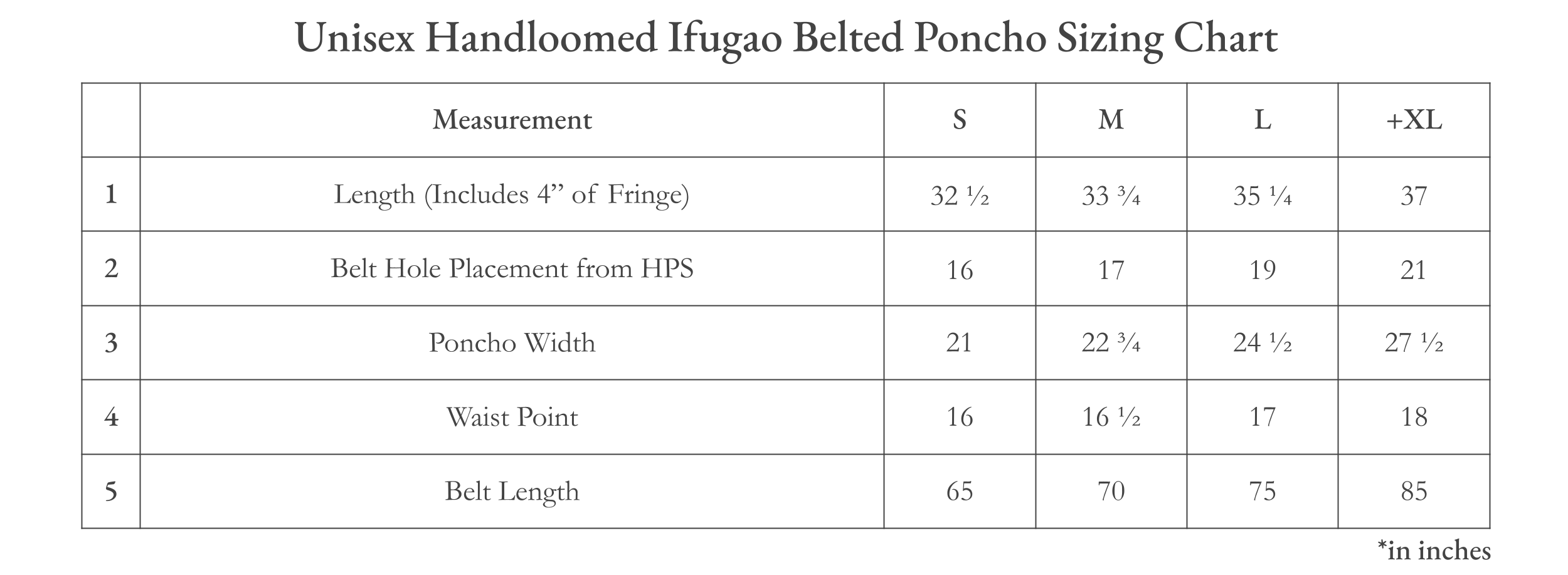 Vinta Unisex Handloomed Belted Poncho Size Chart