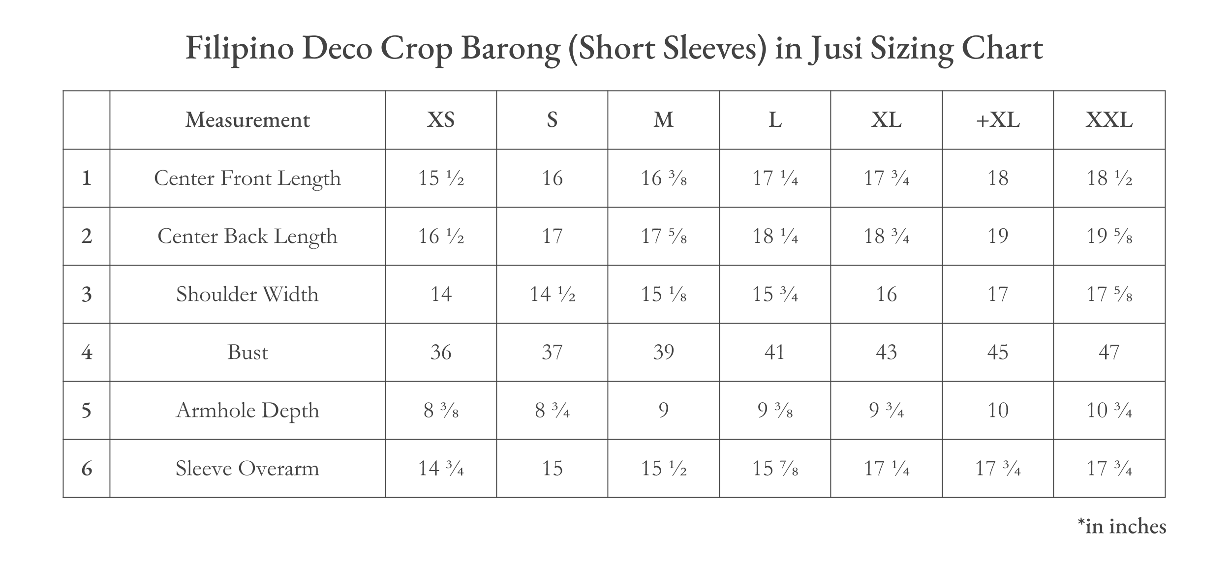 Vinta Filipino Deco Crop Barong in Jusi (Natural) Size Chart