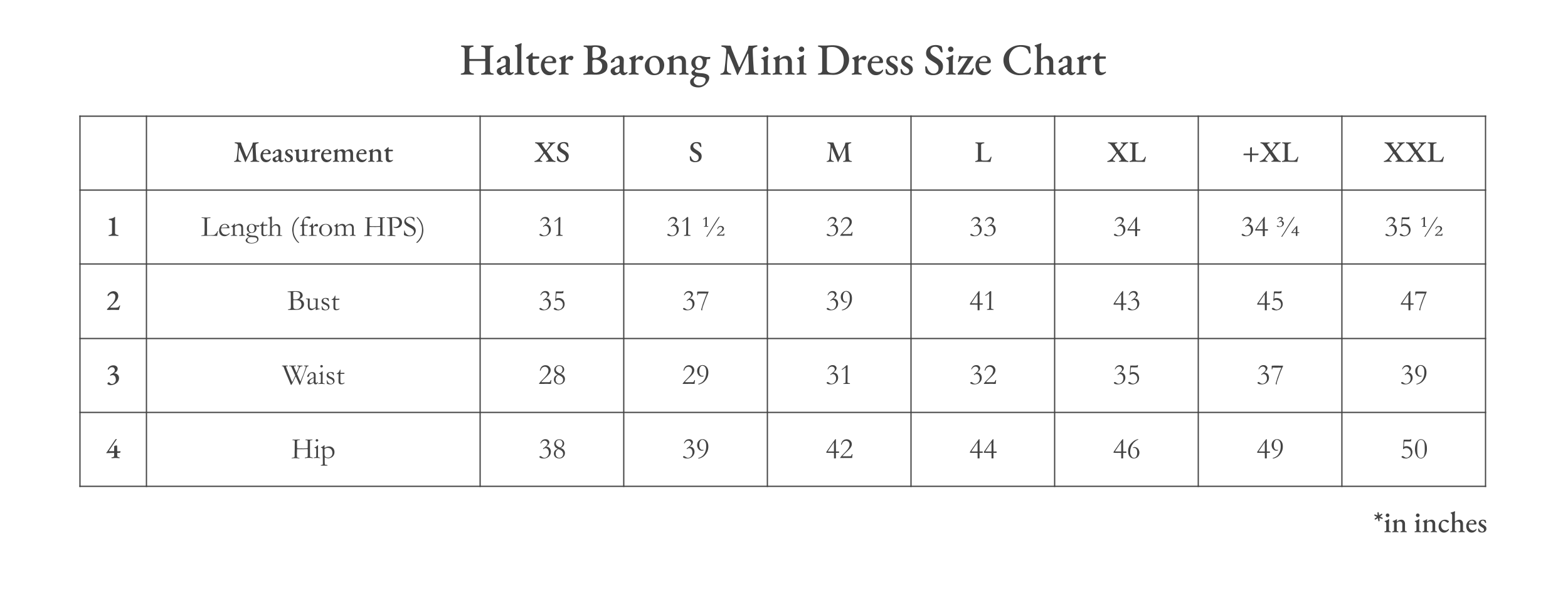 Vinta Halter Barong Mini Dress Size Chart