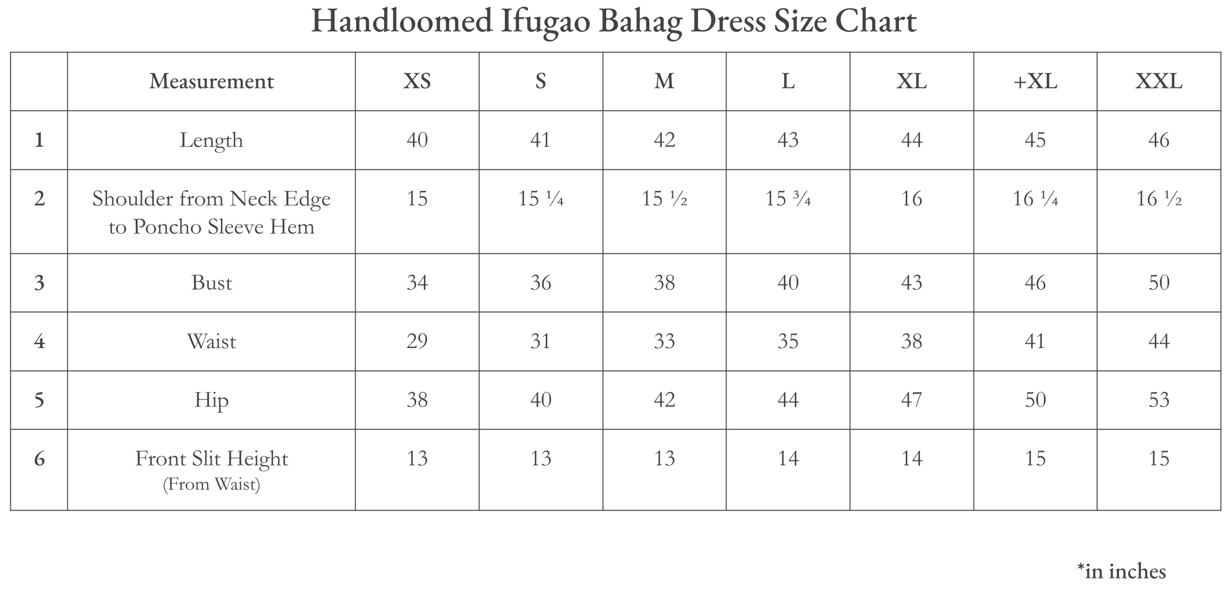 Vinta Handloomed Ifugao Bahag Dress (Hinulgi) Size Chart