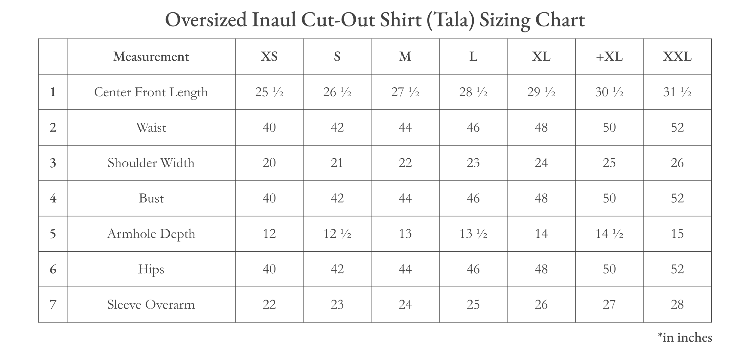 Vinta Oversized Inaul Cut-Out Shirt (Tala) Size Chart