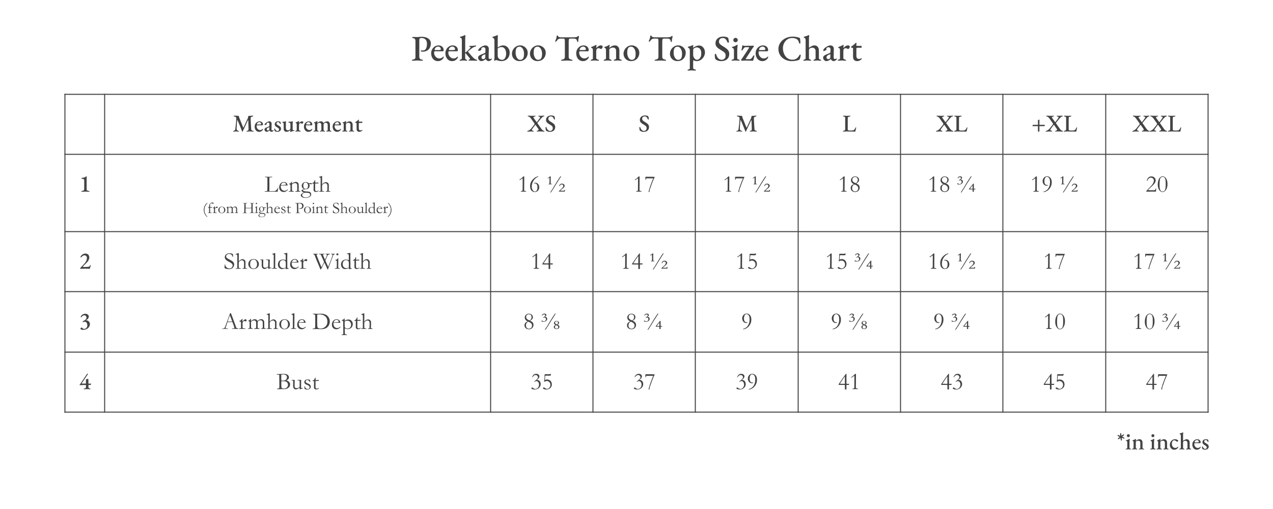 Vinta Peekaboo Terno Top (White) Size Chart