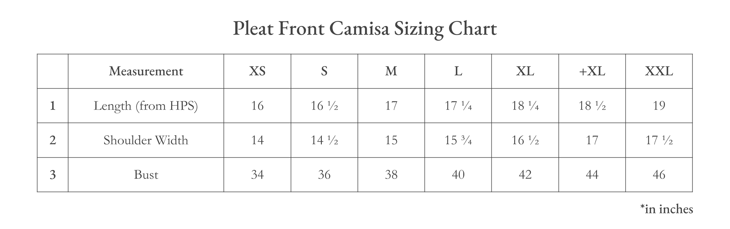 Pleat Front Camisa Size Chart