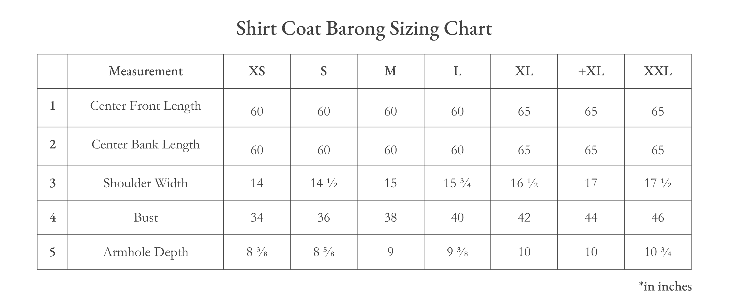 Vinta Shirt Coat Barong (Tayabak) Size Chart