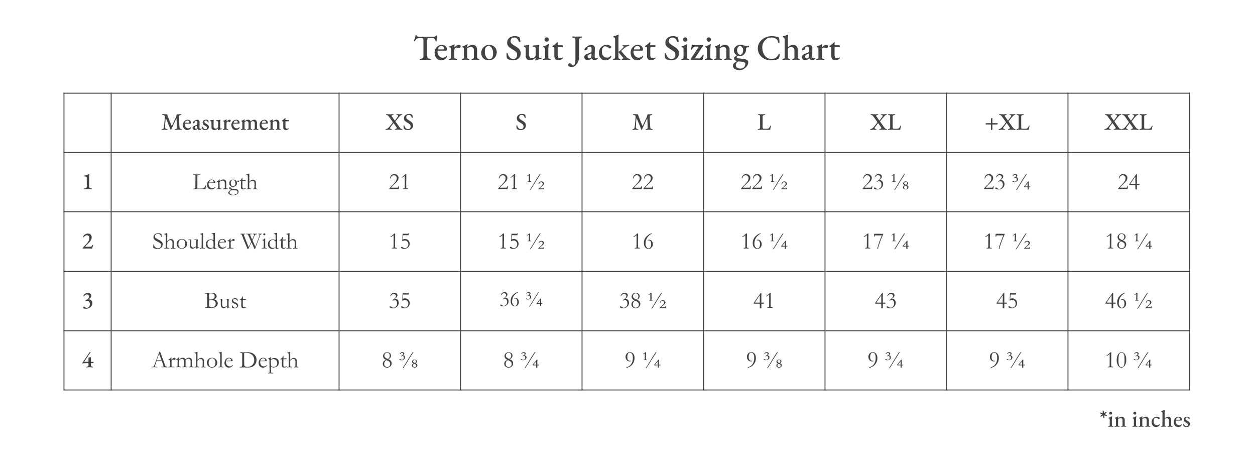 Vinta Terno Suit Jacket (White) Size Chart