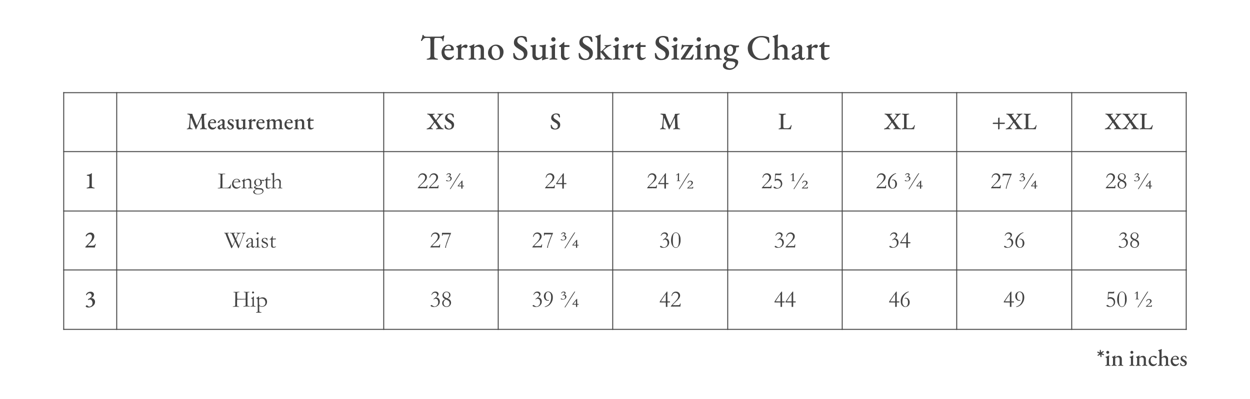 Vinta Terno Suit Skirt (Black) Size Chart