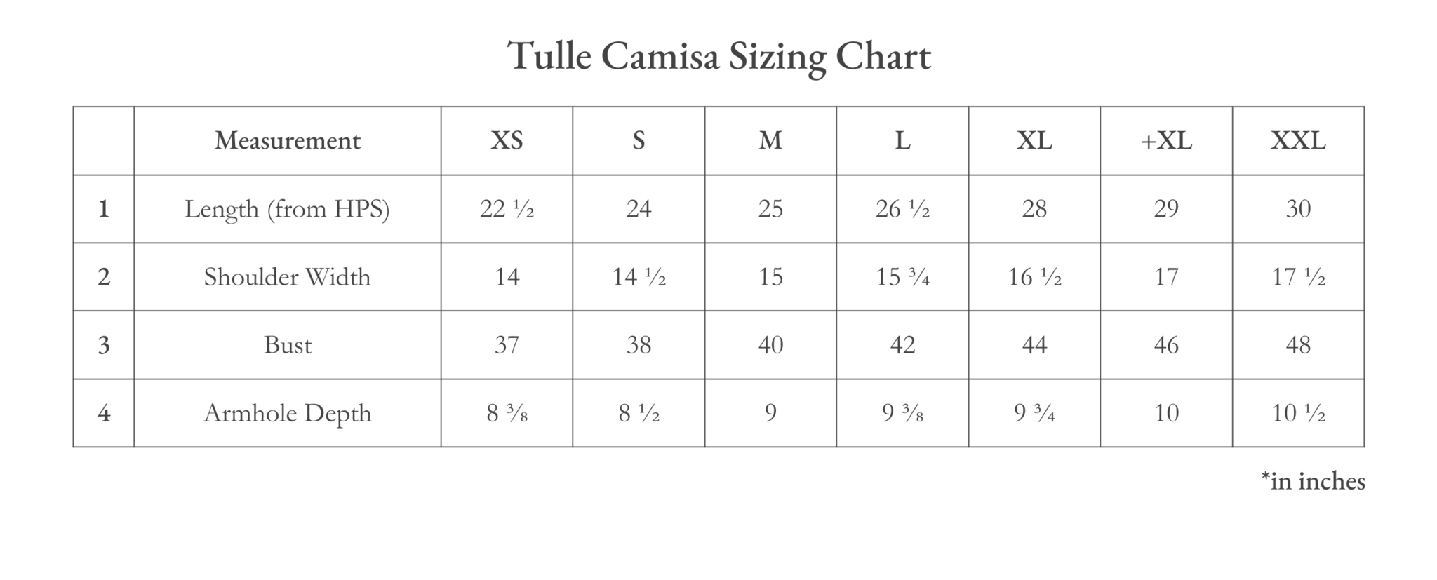 Vinta Tulle Camisa (White) Size Chart