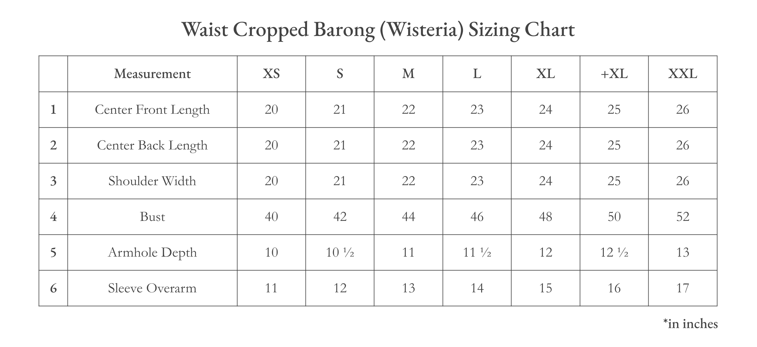 Vinta Waist Cropped Barong (Wisteria) Size Chart