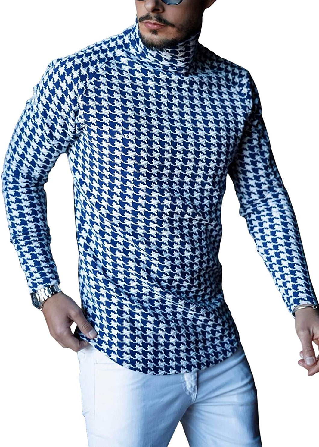 Modern Blue Houndstooth Winter Warm Men's Long Sleeve Shirt