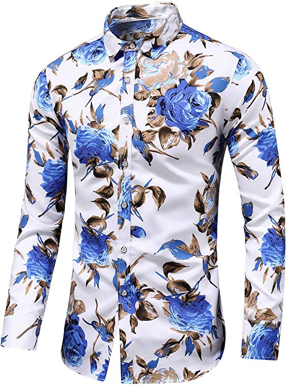 Men's Blue & White Roses Long Sleeve Collared Button Down Shirt – Bella ...