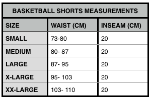 Basketball Shorts Size Chart