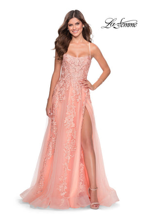 La Femme 28503 dress images in these colors: Peach, Red.