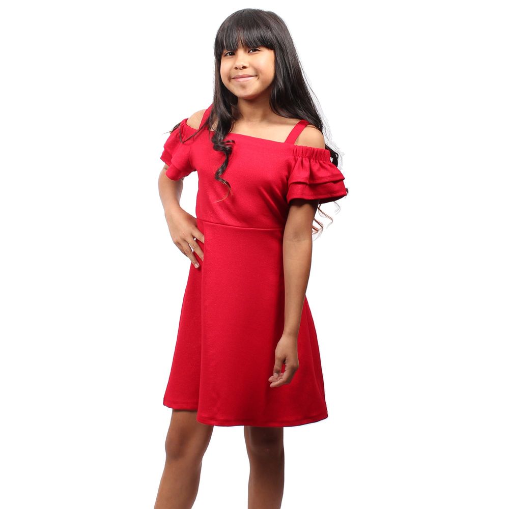 Girl Story - Red Ruffle Short Sleeves Knee High Girls Dress