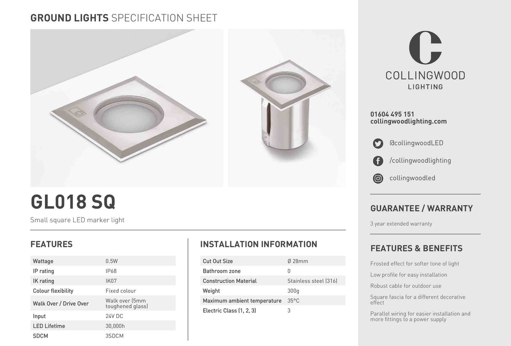 Gl018 Sq 0 5w Small Square Led Marker Ground Light From Collingwood Lighting Wydels Electrical Wholesalers