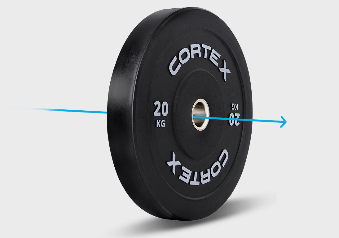 Cortex 20kg Black Series V3 Bumper Plates - durable rubber weight plates designed for home gym and professional use, featuring raised white lettering and a metal insert for secure fitting.