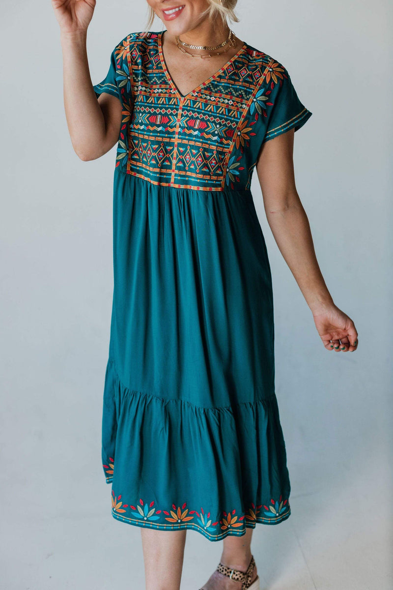 teal embroidered dress