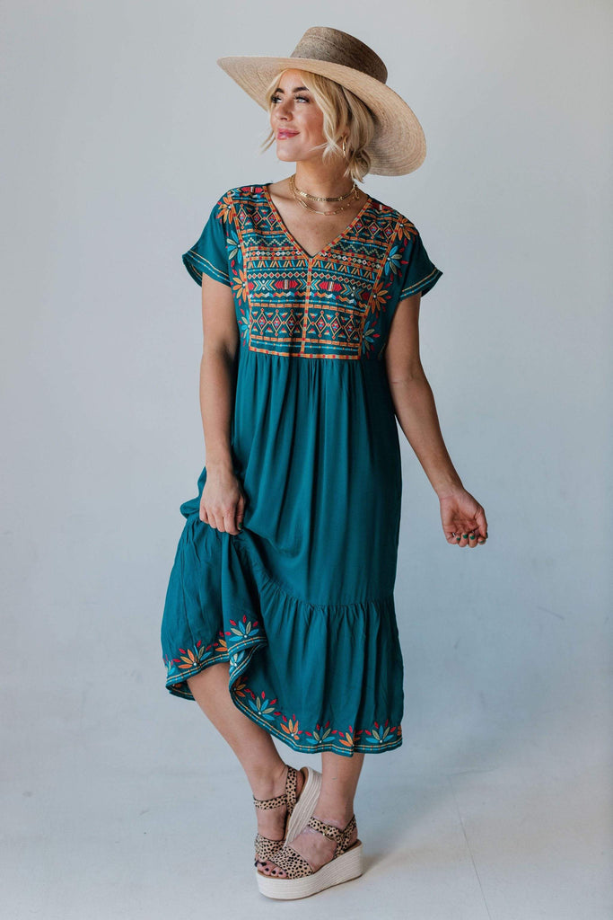 teal embroidered dress