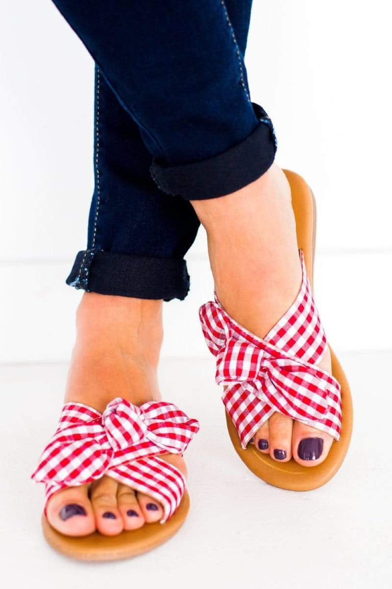 red gingham sandals