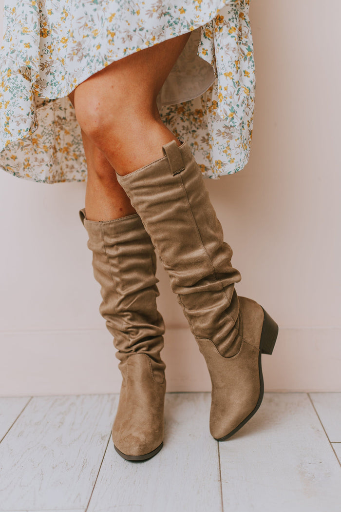 CHRISTINA RUCHED KNEE HIGH BOOTS TAUPE