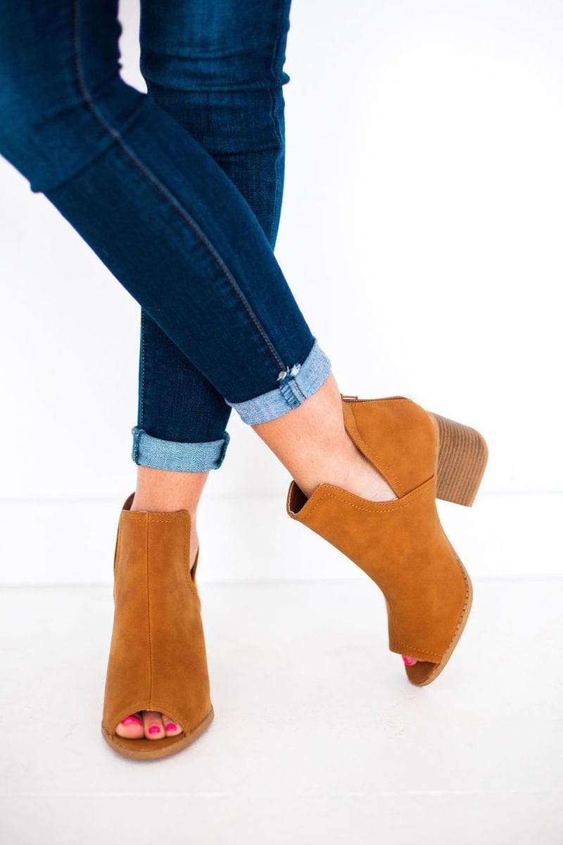 camel colored peep toe booties