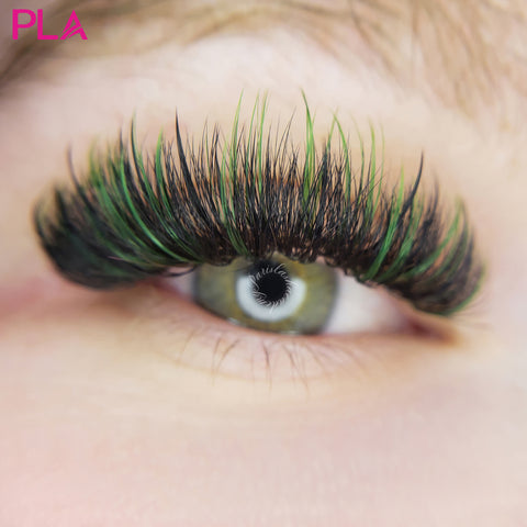 Green color lash extensions from PLA Beauty Inc.