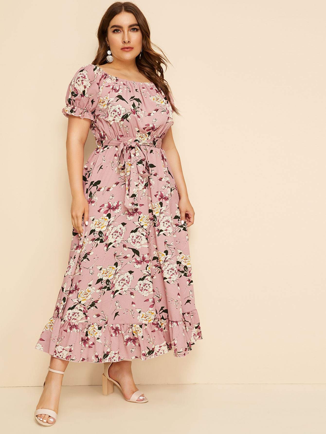 Plus Ruffle Hem Floral Print Belted Dress – Wear19