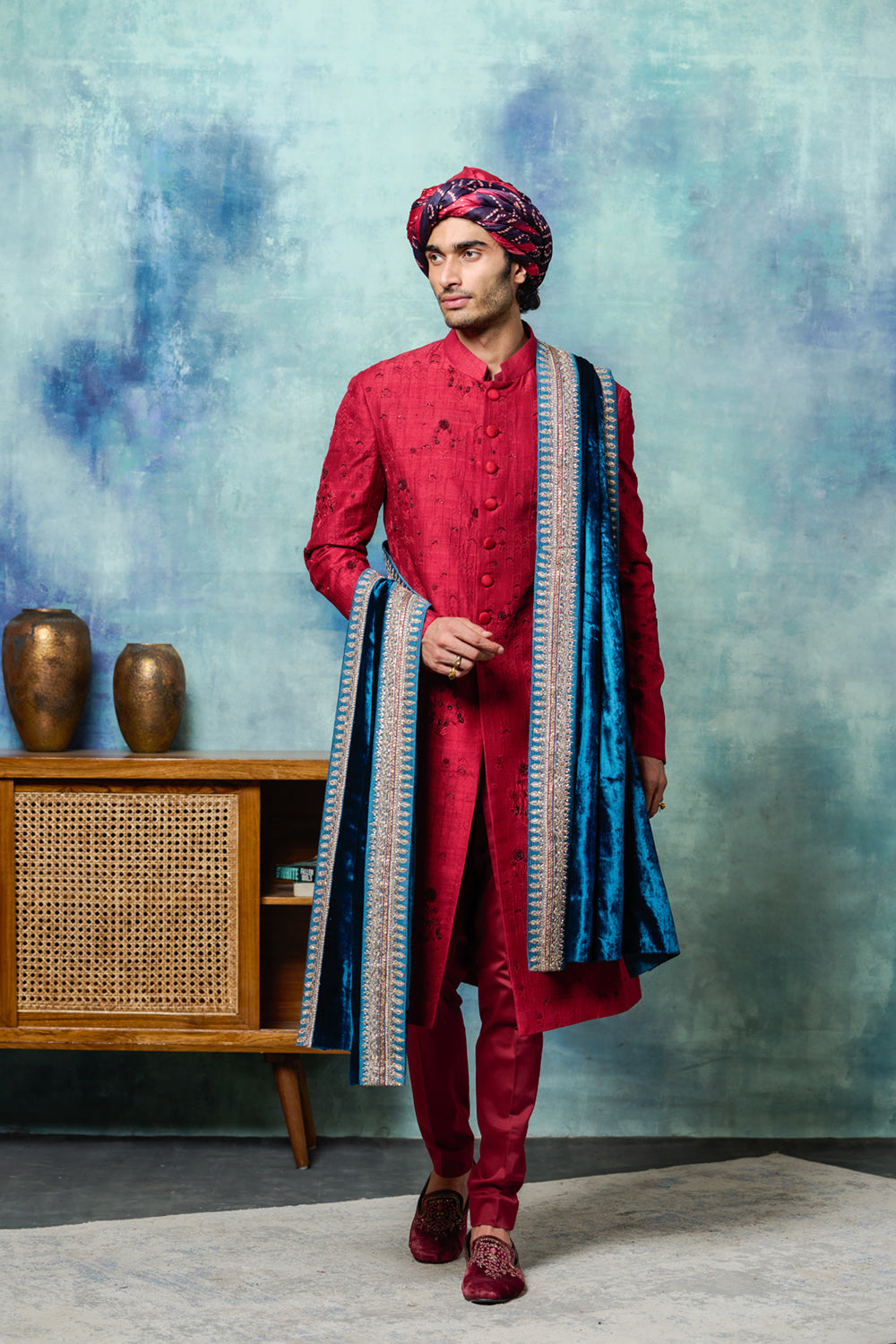 Maroon Silk Dupion Embroidered Achkan Set (ALM-05) – www.anjumodi.com