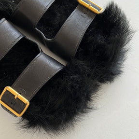 Prada Black Furry Leather Buckle Sandals, 39.5