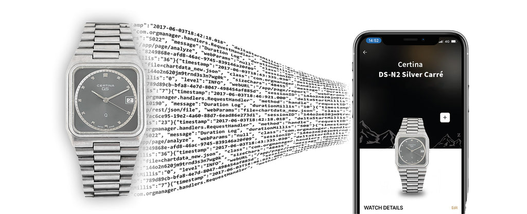les informations d'une montre vintage certina DS sont transférées vers l'application Adresta