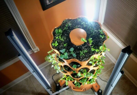 high angle of indoor garden tower with LED lights
