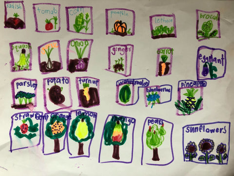 a drawing of many different fruits and vegetables created by a child for the KidsGardening 2022 Youth Grant Giveaway