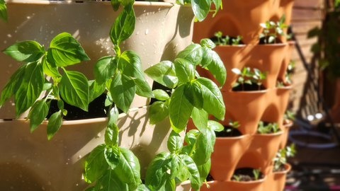 closeup of a terracotta and warm sandstone Garden Tower®