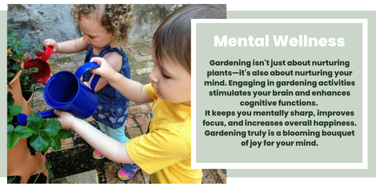 Mental Wellness - Gardening isn't just about nurturing plants—it's also about nurturing your mind. Engaging in gardening activities stimulates your brain and enhances cognitive functions. It keeps you mentally sharp, improves focus, and increases overall happiness. Gardening truly is a blooming bouquet of joy for your mind