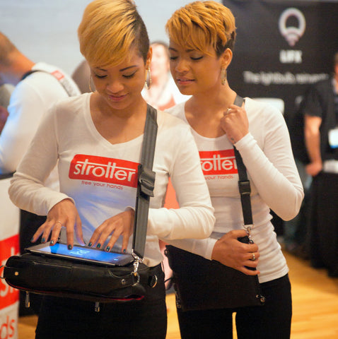 Hands-free iPad messenger bag in use