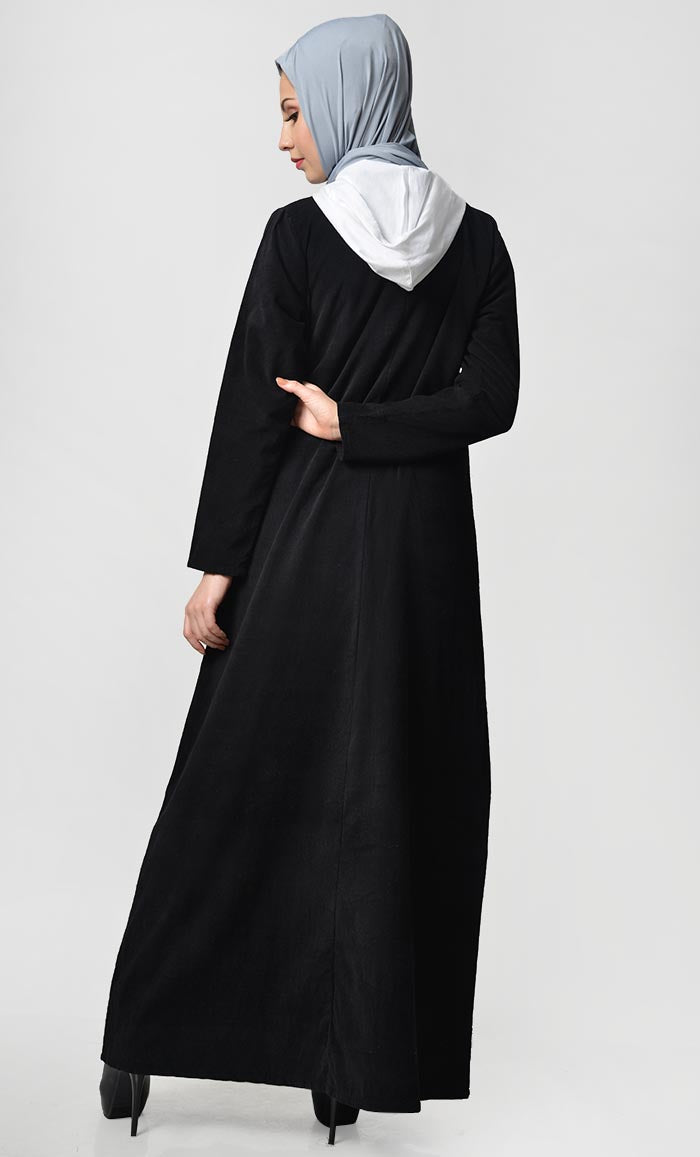 Contrast Stripe & Hood Detail Abaya Dress - Black