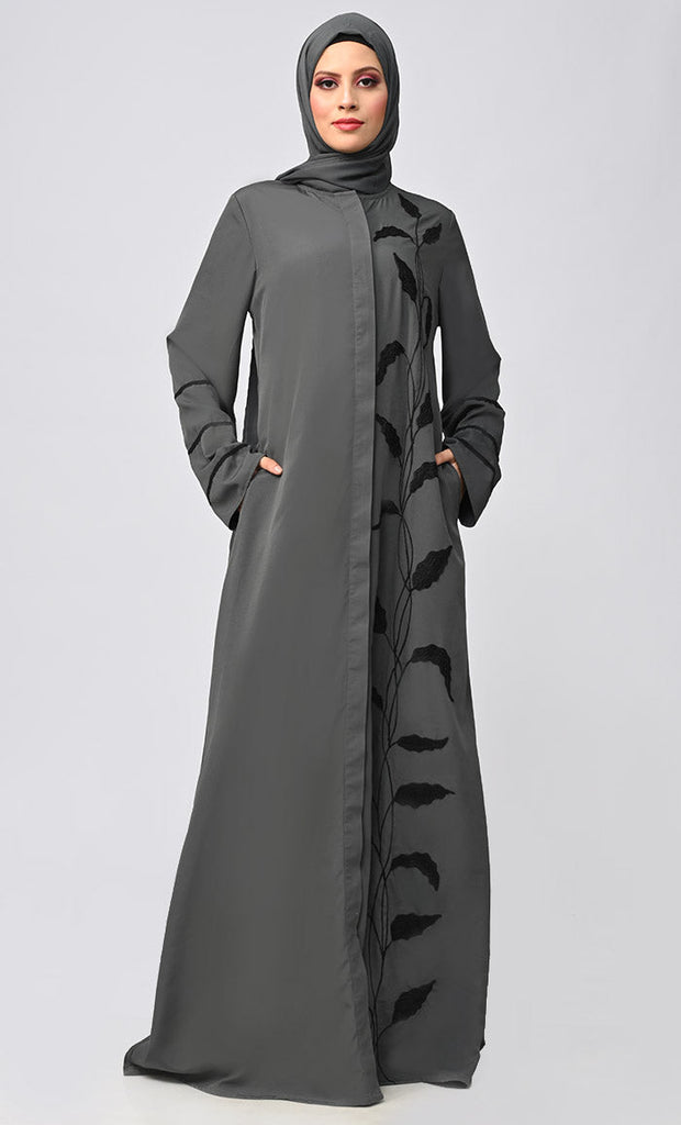 Arabic Grey Enchantress Embroidered Abaya With Pockets - saltykissesboutique.com