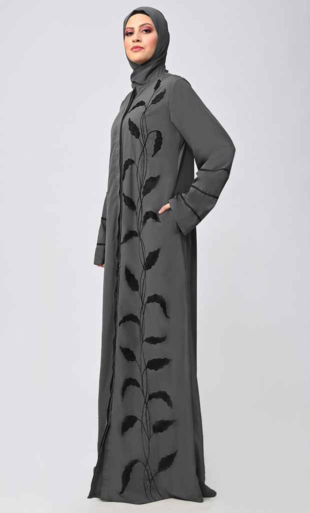 Arabic Grey Enchantress Embroidered Abaya With Pockets - saltykissesboutique.com