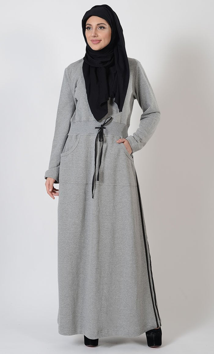 

Black Stripe Fleece Blend Activewear Abaya - Grey-Final sale
