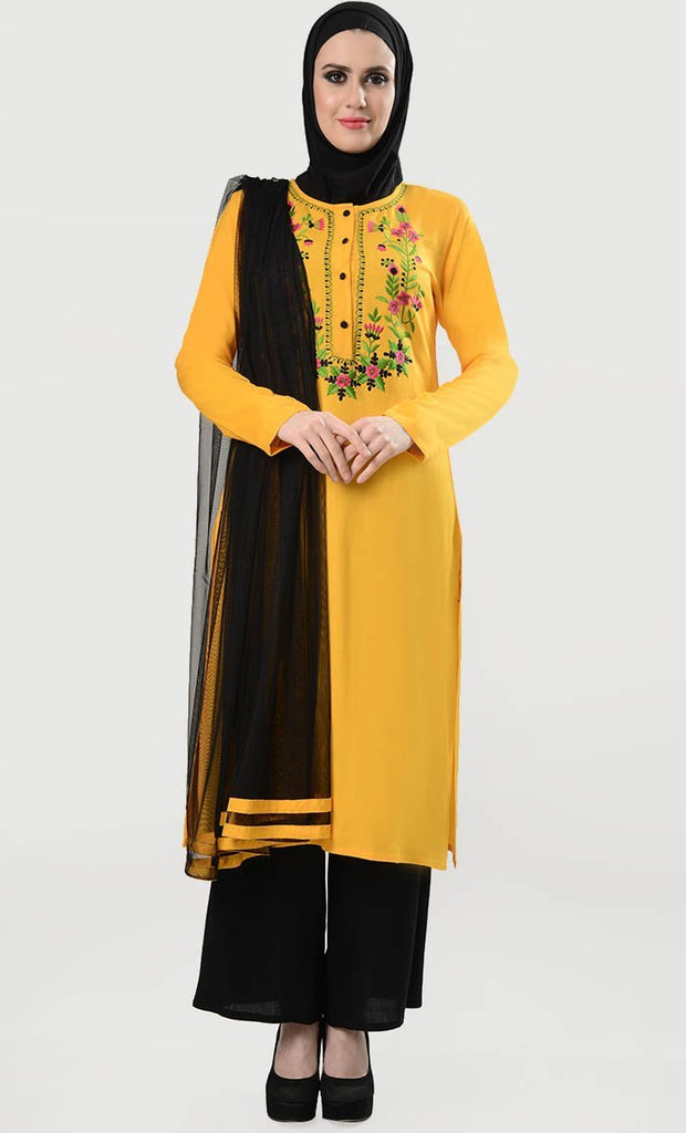 Bright Summer Embroidred Floral 3Pc Suit Set - Yellow - EastEssence.com