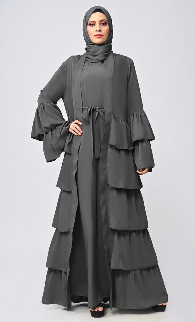 Graceful Layers: The Grey Tiered Abaya Dress With Inner Lining - saltykissesboutique.com