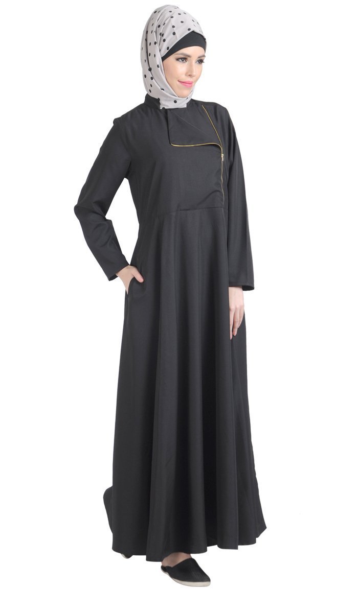 

Metallic Flapover Zipper Detail Flared Abaya Dress